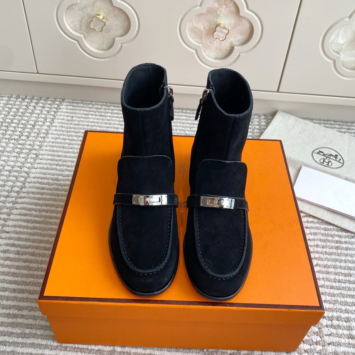 HERMES 25S KELSY ANKLE BOOT IN BLACK SUEDE WITH SILVER HARDWARE