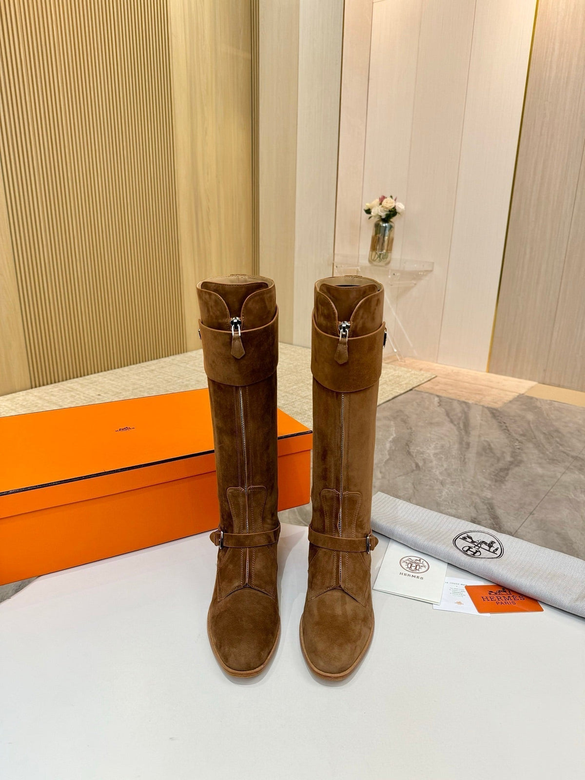 HERMES 25S RIDING BOOTS IN BROWN SUEDE WITH SILVER HARDWARE