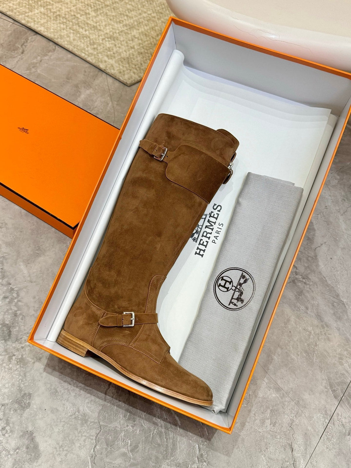 HERMES 25S RIDING BOOTS IN BROWN SUEDE WITH SILVER HARDWARE