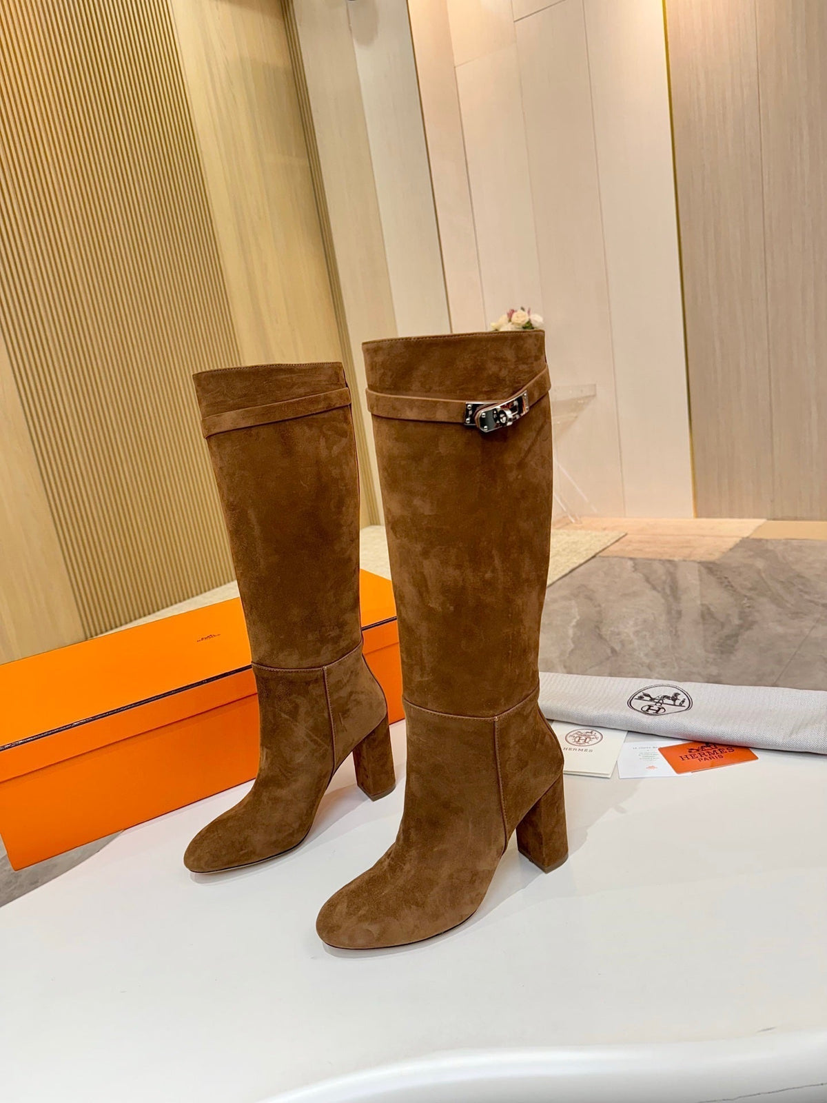 HERMES 25S KELLY KNEE-HIGH BOOTS IN BROWN SUEDE WITH SILVER HARDWARE